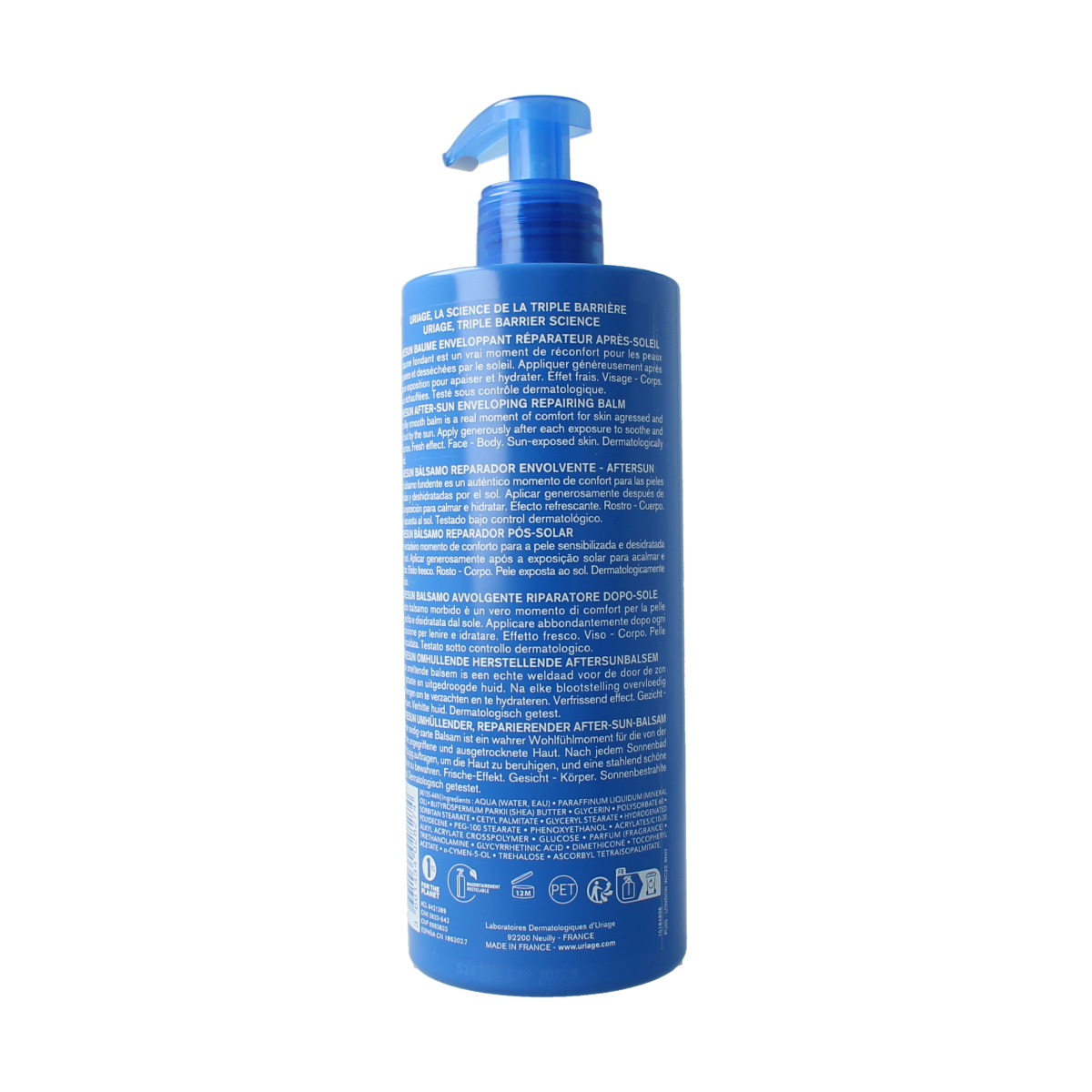 Uriage Bariesun aftersun balm in 500ml bottle, soothing sun protection after sun exposure, with a focus on hydration and skin comfort