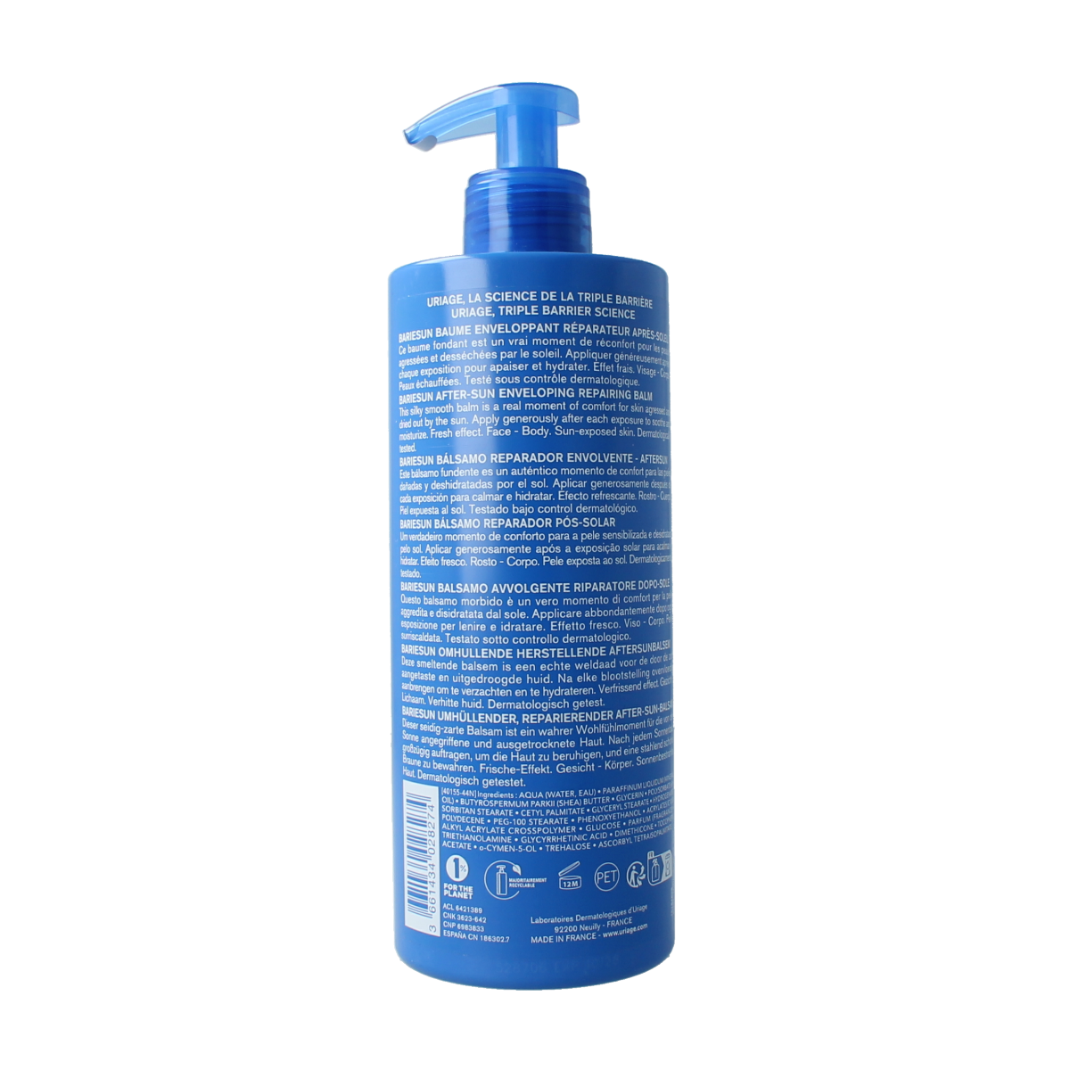 Uriage Bariesun aftersun balm in a 500ml tube, soothing sunburn relief and hydrating skin after sun exposure.