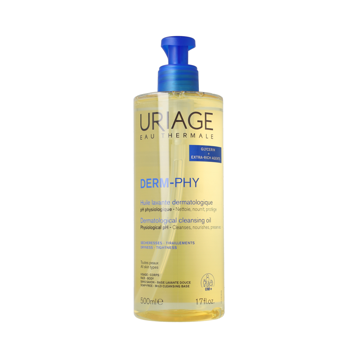 Uriage DERM-PHY dermatological cleansing oil in a 500ml bottle, gentle body wash for sensitive skin, natural skincare product.