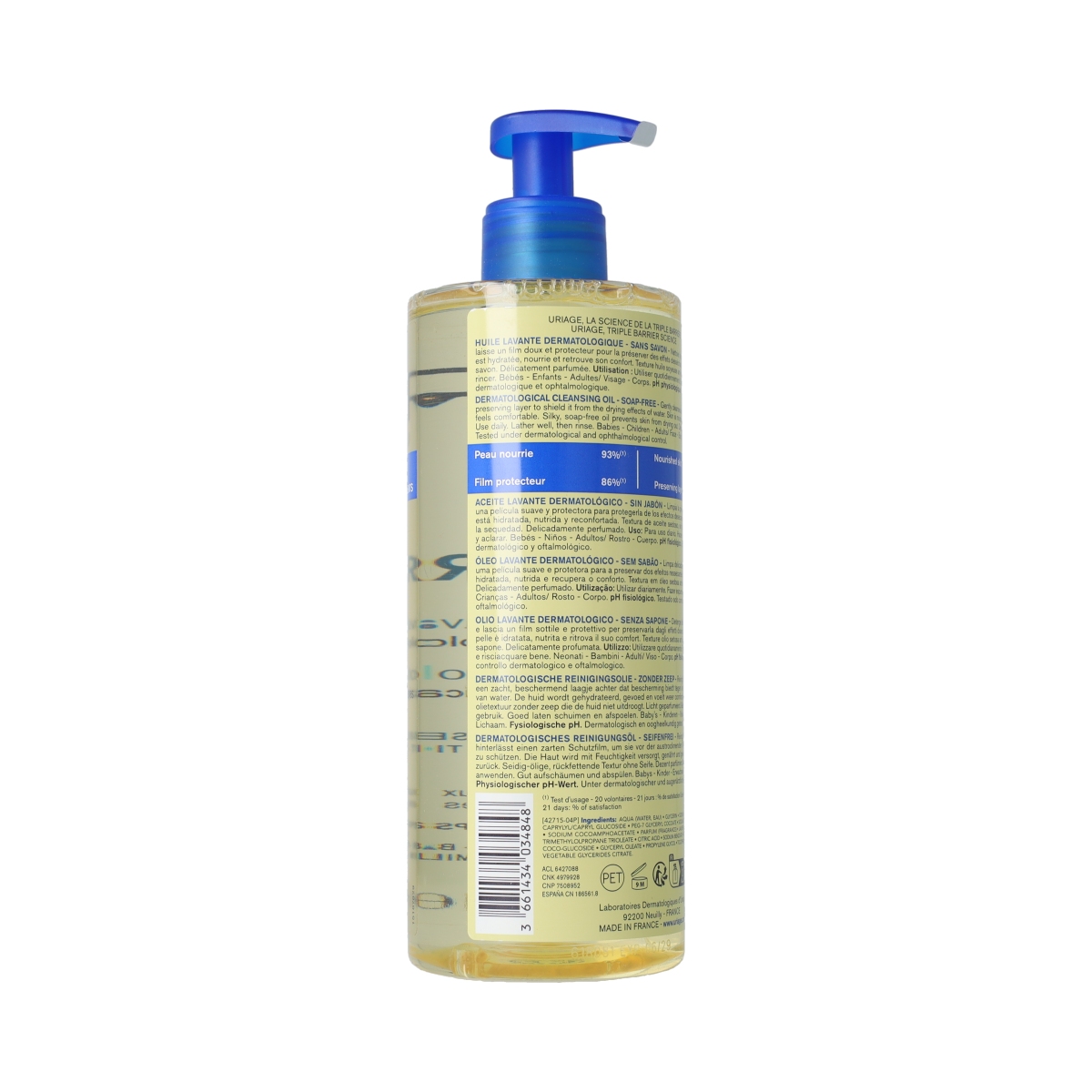 Uriage DERM-PHY dermatological cleansing oil for body, 500ml, gentle and nourishing body care product.