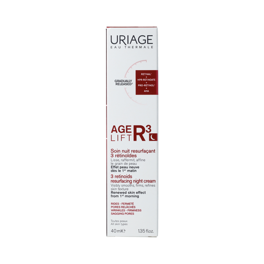 Uriage AGE LIFT R3 night cream for face, 40ml, hydrating skincare with anti-aging properties, in a white jar with blue accents.