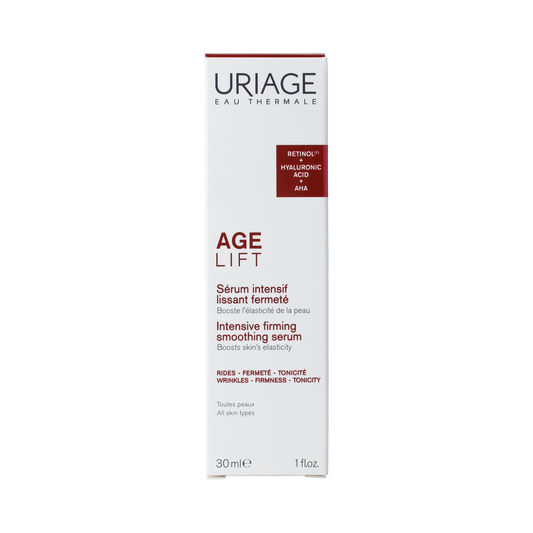 Uriage AGE LIFT facial serum bottle, 30ml, with a sleek design, for anti-aging skincare and lifting effects.