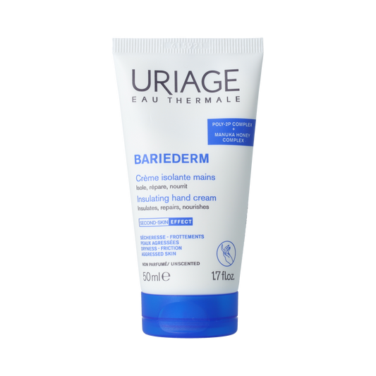 Uriage Bariederm handcreme in 50ml tube, moisturizing hand care product with protective properties, for damaged or dry hands.
