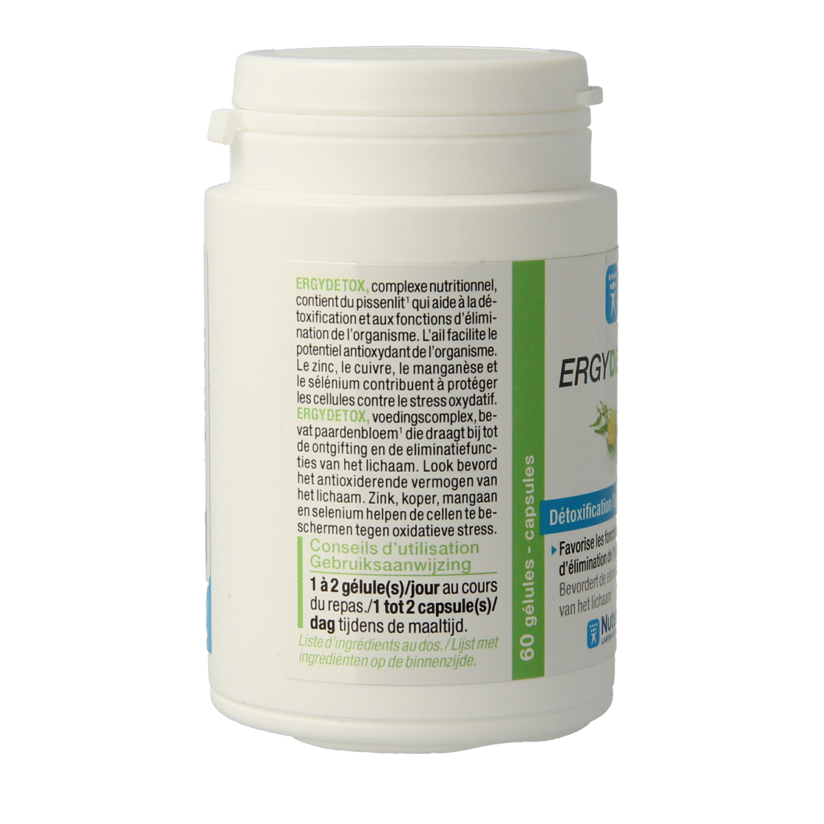 Nutergia Ergydetox herbal supplement capsules, 60-count, featuring natural herbal ingredients in a clear bottle.