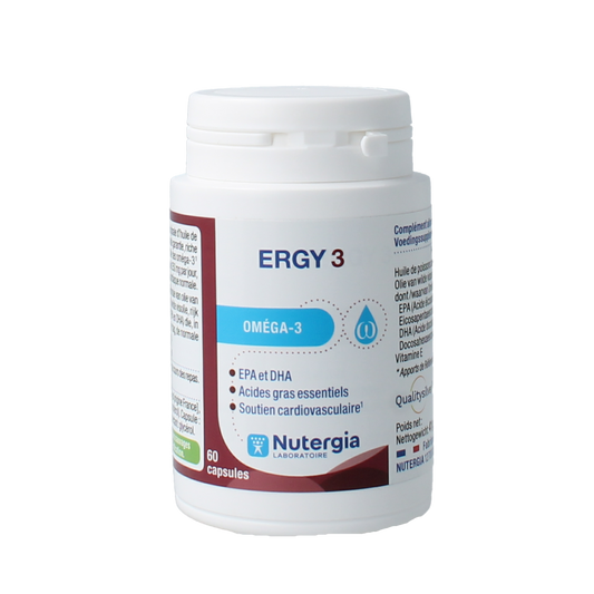 Nutergia Ergy 3 Vetzuren capsules, dietary supplement with omega fatty acids, shown in a clear bottle with capsules inside.