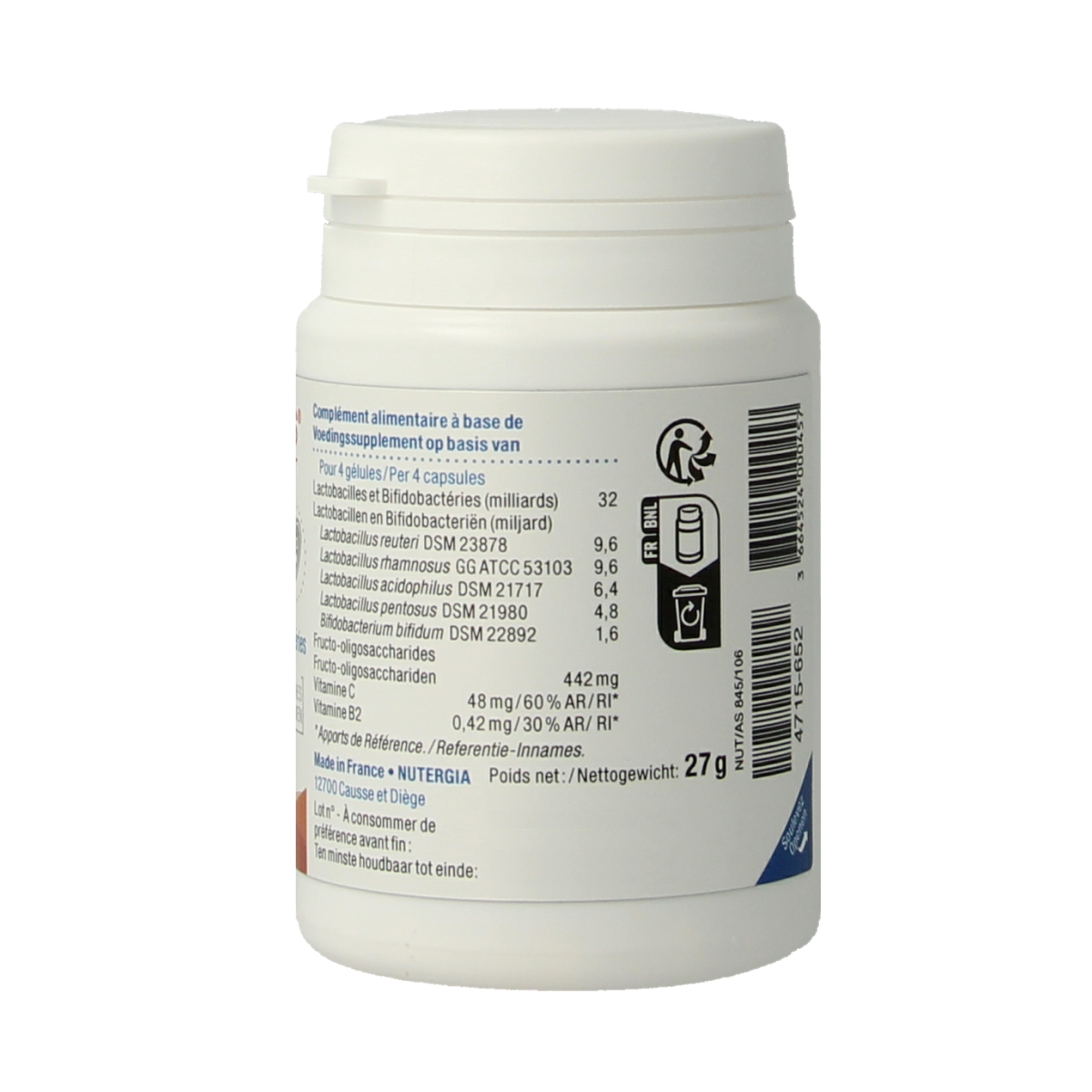 Nutergia Ergyphilus GST probiotic capsules, dietary supplement in a white bottle with label, for digestive health.