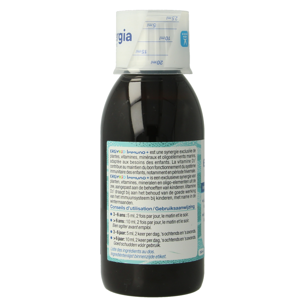 Nutergia Ergykid Immuno+ herbal supplement bottle with 150ml liquid, featuring colorful label and dropper cap for children.