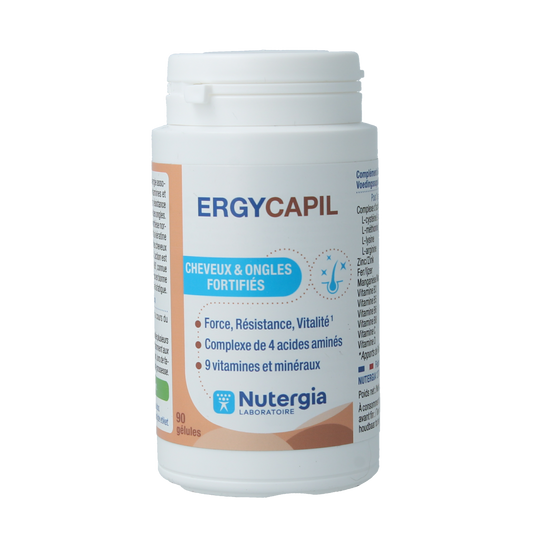 Nutergia Ergycapil amino acids supplement capsules, showing a bottle of Nutergia Ergycapil with 90 capsules in the image.