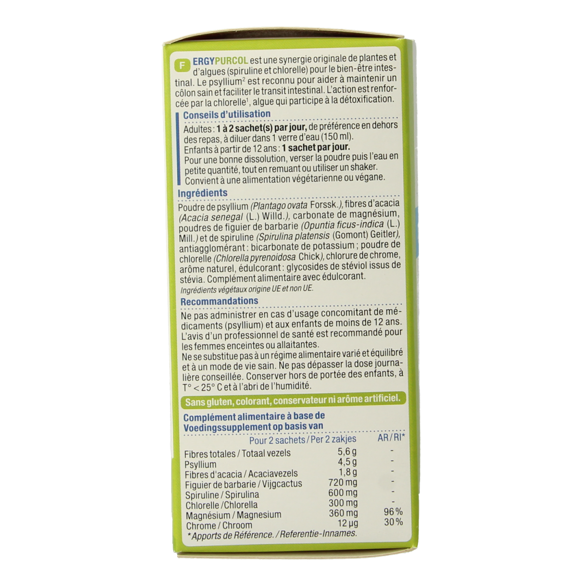 Nutergia Ergypurcol herbal supplement sachets, natural herbal remedy packaging for digestive health, 20 sachets.