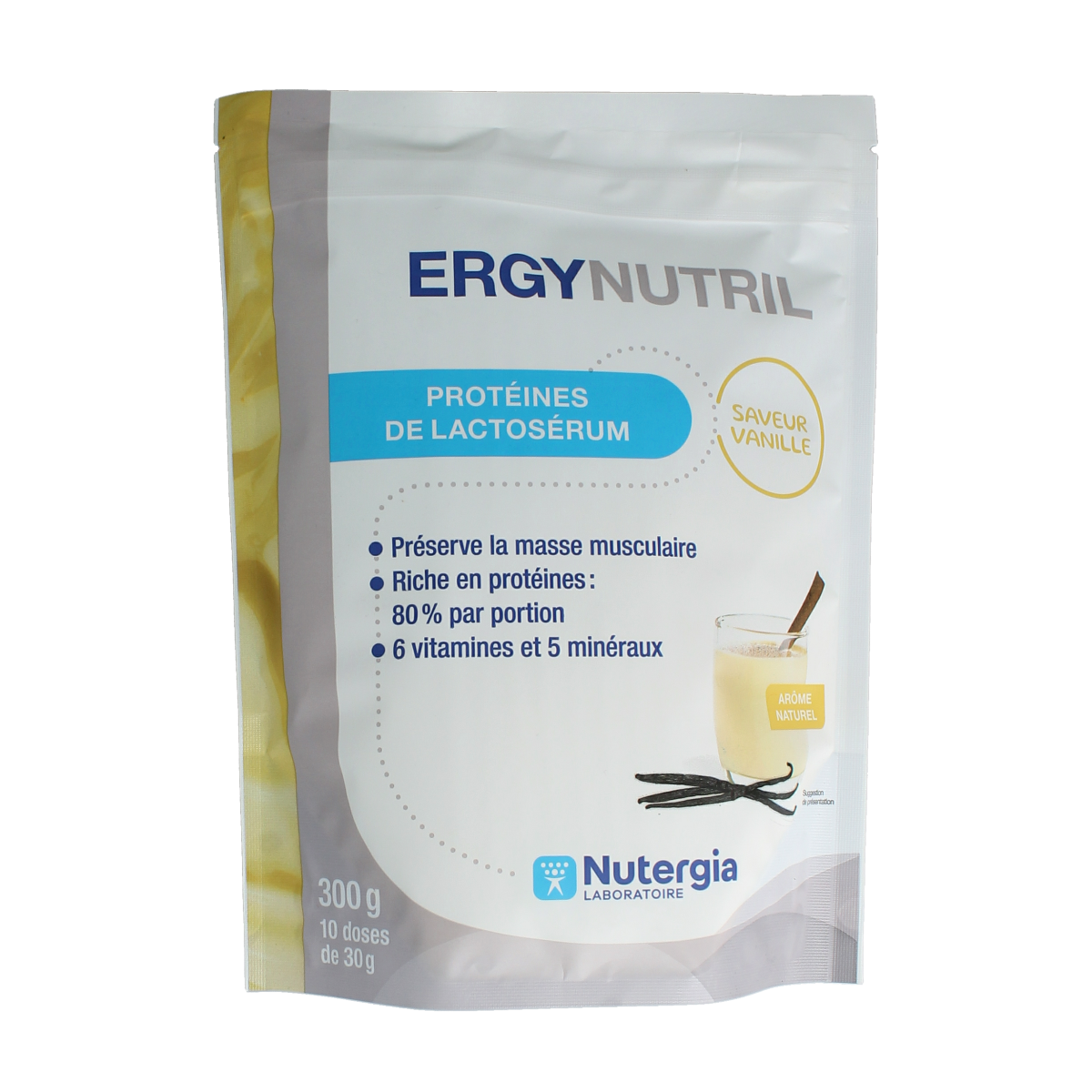 Nutergia Ergynutril Vanille amino acids supplement in a 300g jar, showing the product container with vanilla flavor label.