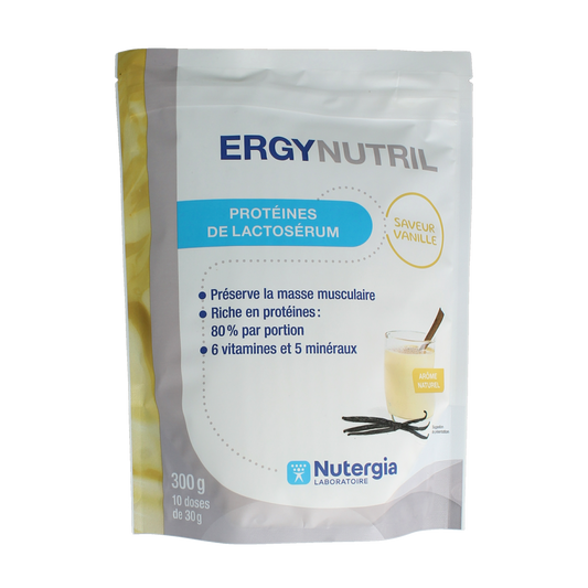 Nutergia Ergynutril Vanille amino acids supplement in a 300g jar, showing the product container with vanilla flavor label.