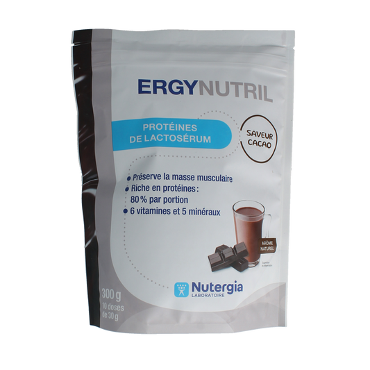 Nutergia Ergynutril cacao amino acids supplement in 300g container, featuring cacao flavor and nutritional information visible.