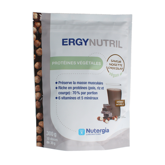 Nutergia Ergynutril vegan chocolate hazelnut amino acids supplement in 300g jar with chocolate hazelnut flavor.