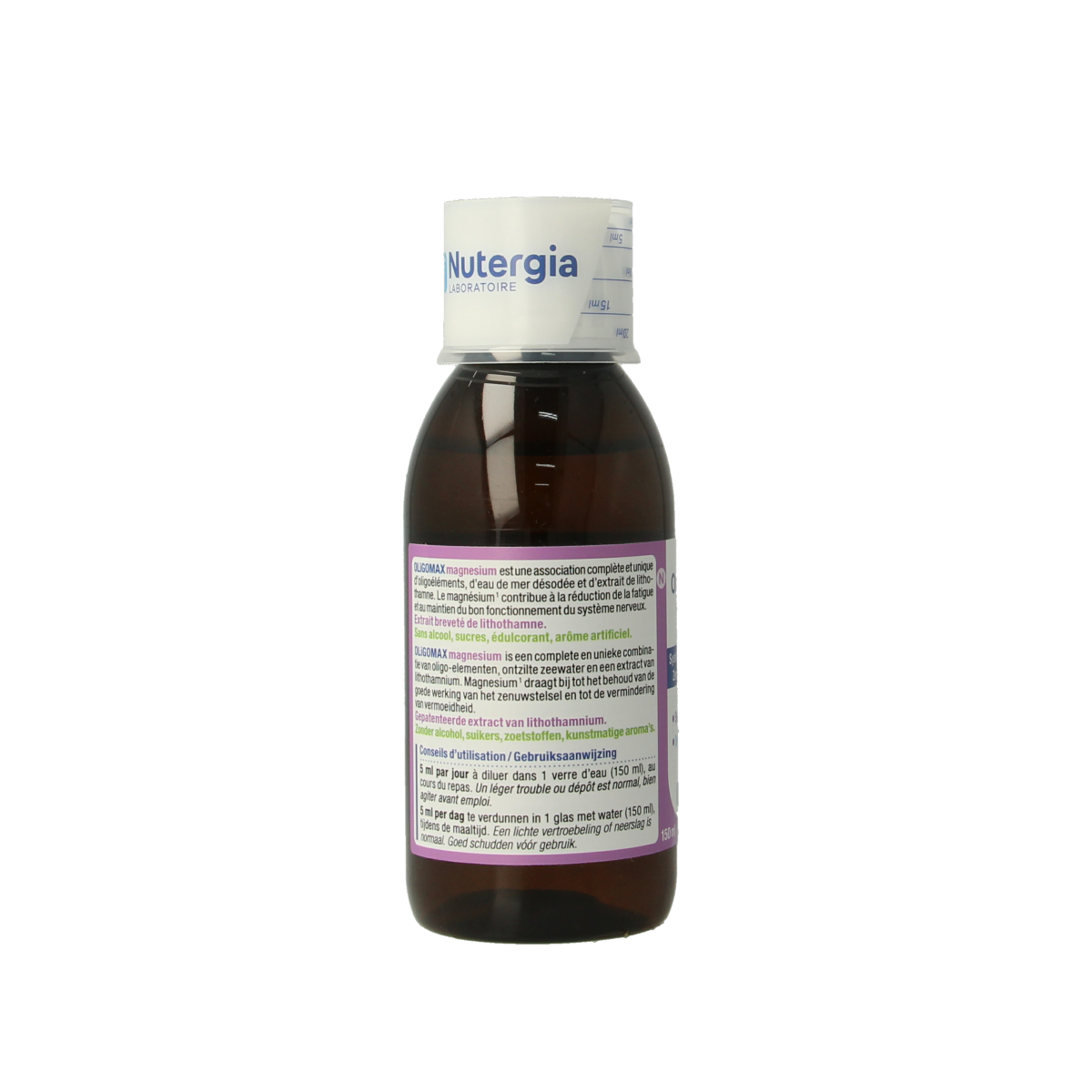 Nutergia Oligomax magnesium mineral supplement in a 150ml bottle, showing the label and packaging of the Nutergia product.