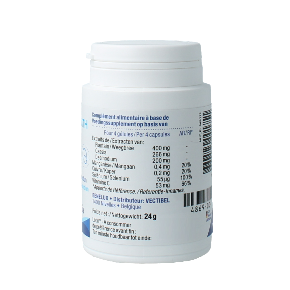 Nutergia Ergybreath herbal capsules in a clear bottle, showing the label and capsules inside.