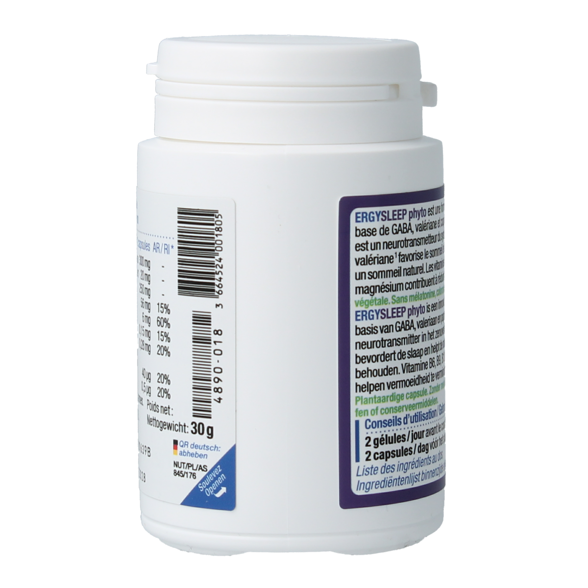 Nutergia Ergysleep phyto capsules, herbal supplement in a white bottle, with 60 capsules for restful sleep and relaxation.