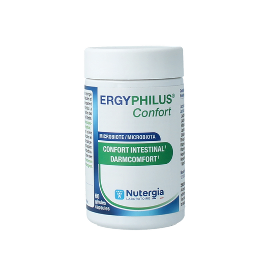 Nutergia Ergyphilus Confort probiotic capsules in a bottle, dietary supplement for digestive comfort and gut health.