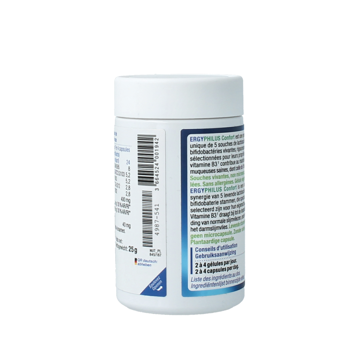 Nutergia Ergyphilus Confort probiotic capsules, dietary supplement, showing a bottle of 60 capsules with label and cap.