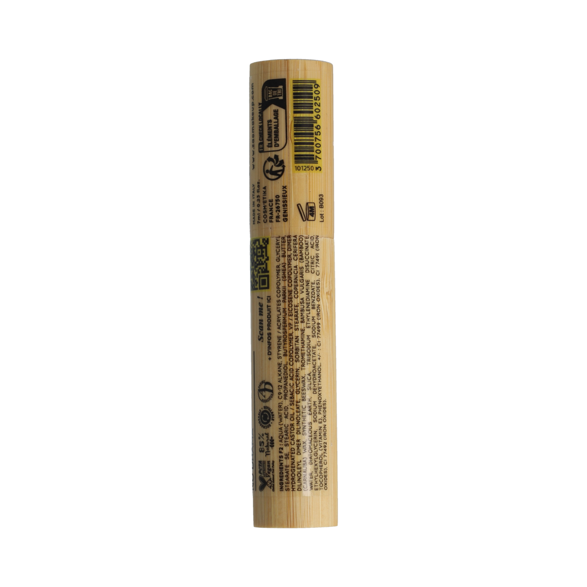 ZAO Bamboo Waterproof Mascara in black, 7ml, with natural bamboo brush and lightweight formula for long-lasting eye makeup.