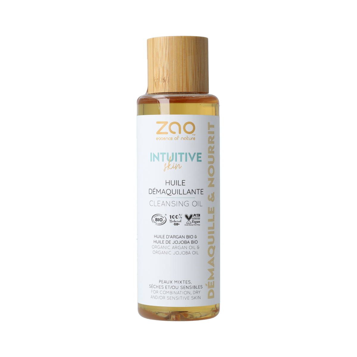 ZAO Bamboo Cleansing Oil 100ml in a clear pump bottle, with bamboo illustration, for gentle facial cleansing.