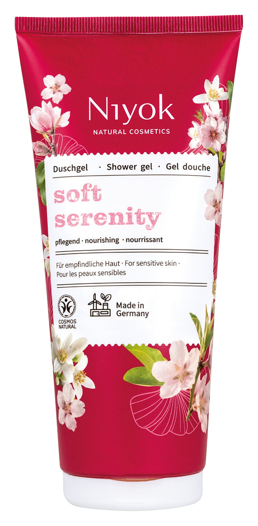 Niyok Soft Serenity shower gel in a 200ml tube, gentle bath and shower product with soothing fragrance, shown in the image.
