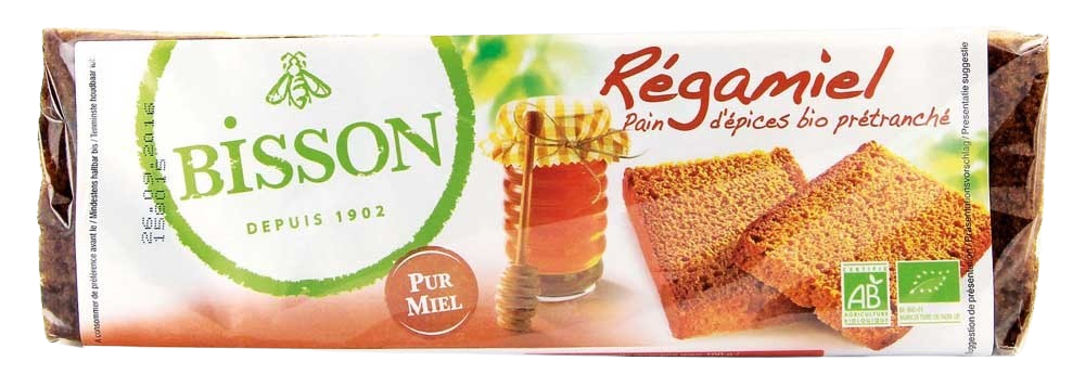 Bisson Regamiel honey-spiced bio koekjes, pre-sliced, 300g, featuring golden-brown crust and visible specks of herbs and spices.