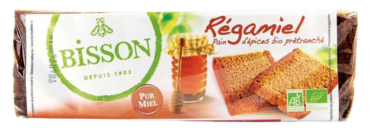 Bisson Regamiel honing-kruidkoek, pre-sliced organic ginger-spiced cake, 300 grams, with visible slices and textured surface.