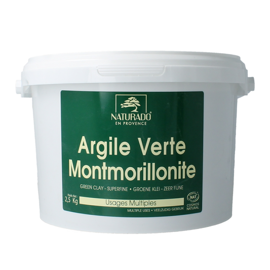 Naturado groene klei montmorillon emmer 2.5 kg, natuurlijke lichaamsverzorging met groene klei voor huidverzorging.