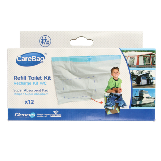 CareBag Meeneemtoilet navulzak set of 12 reusable travel accessories for toiletry organization and convenience.