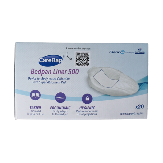 CareBag Ondersteekzak 500 in bathroom and toilet setting, showing packaging for 20 disposable support bags.