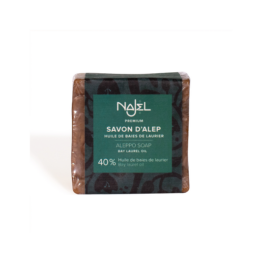 Najel Aleppo soap with 40% laurel oil, 185g, featuring a bar of traditional Aleppo soap with natural ingredients