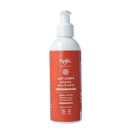 Najel Aleppo Tiare Flower Bodymilk in 200ml bottle, nourishing body lotion with floral scent, ideal for skincare.