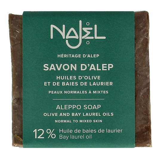 Najel Aleppo olive oil soap with 12% olive oil, 200g, natural traditional soap bar with a rustic appearance.