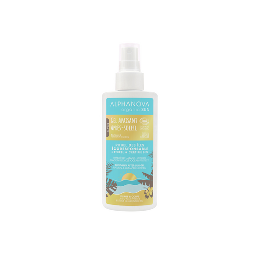 Alphanova Sun organic soothing after-sun gel in 125ml tube, designed to calm and hydrate sun-exposed skin naturally.