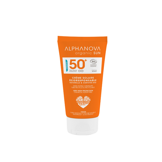 Alphanova Sun SPF50+ bio sun cream in 50g tube, high protection, with natural ingredients for sun safety.