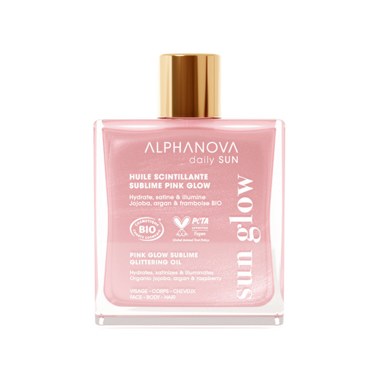 Alphanova Sun Sublime pink glitter body oil in 50ml bottle, nourishing and glowing skincare with natural ingredients.
