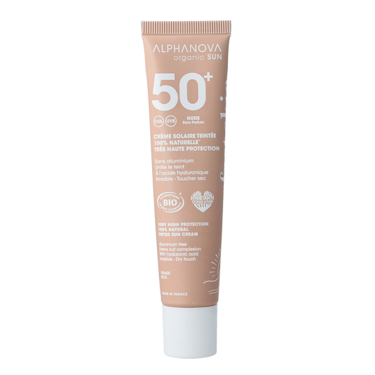 Alphanova skin Sun Face Tinted Cream Light SPF50+ in 40g jar, natural makeup with broad-spectrum sun protection.