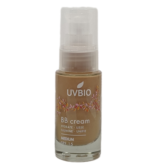 UVBIO BB cream 5-in-1 medium SPF15 facial skincare tube, 30ml, with natural bio ingredients and lightweight coverage.