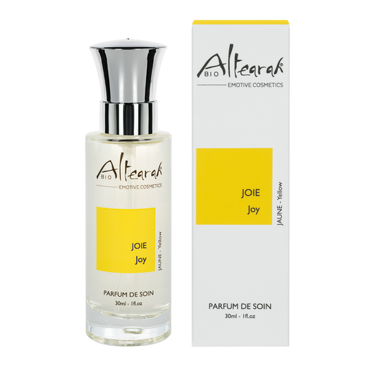Altearah Yellow Joy Bio Parfum de Soin, a 30ml bottle of scented essential oil perfume with yellow packaging.