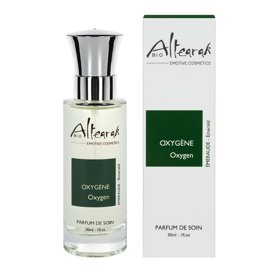 Altearah Parfum de soin emerald oxygen bio 30ml bottle with elegant label and transparent glass container.