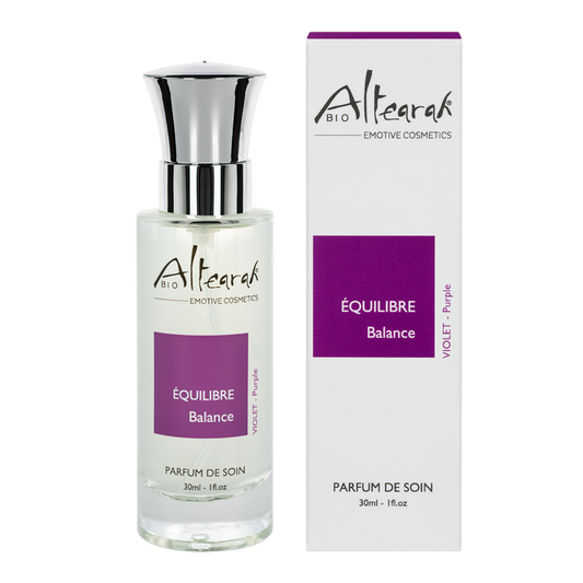 Altearah violet balance bio parfum de soin bottle with purple liquid, 30ml, natural aromatherapy fragrance for emotional well-being