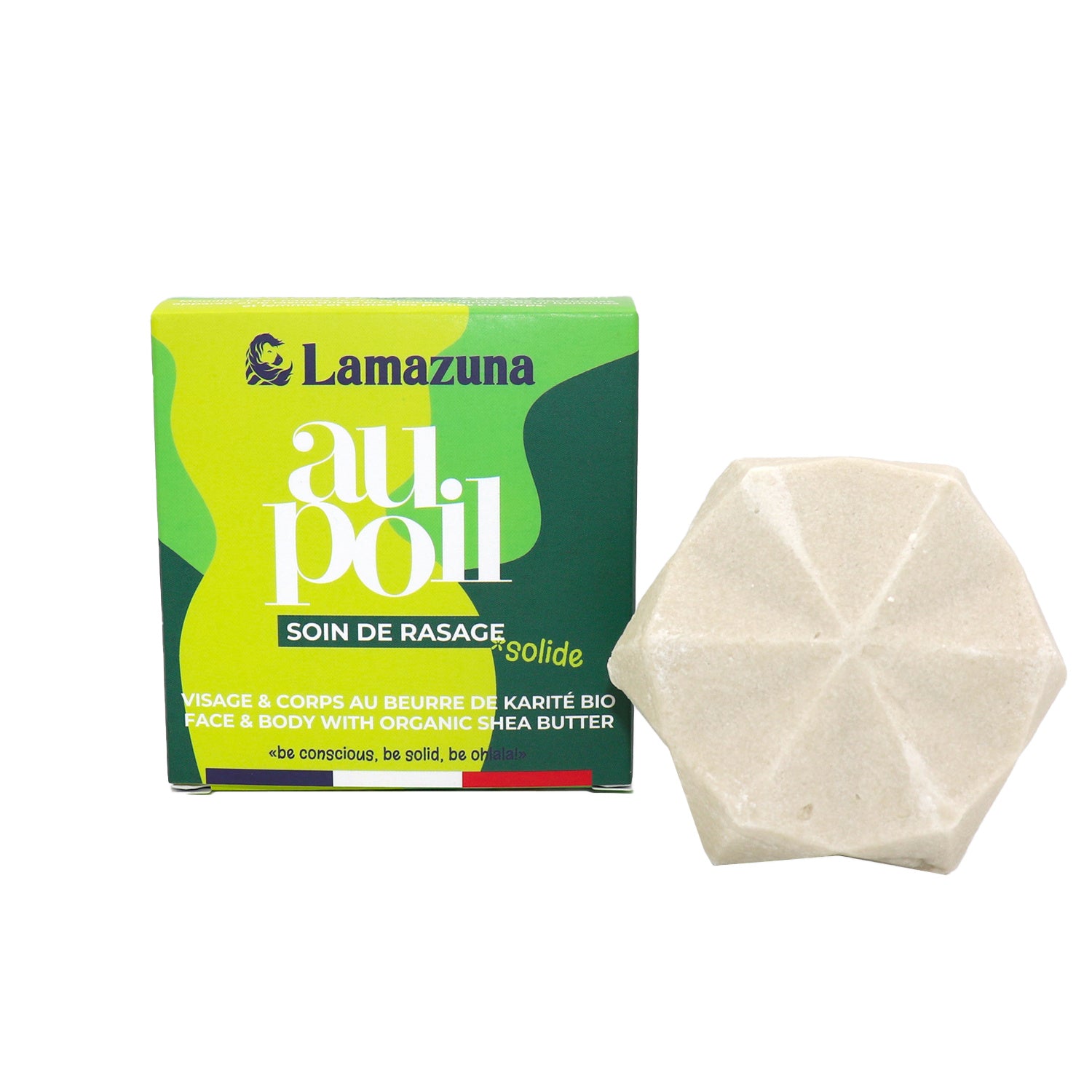 Lamazuna shaving bar Au poil, 70g, natural skincare product for hair removal, with a minimalist packaging design.