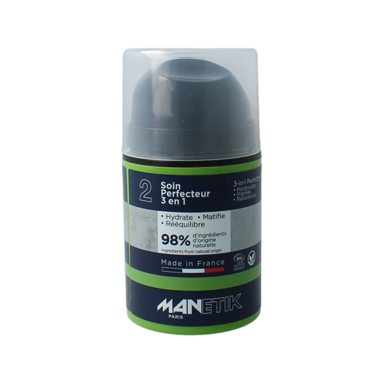 Manetik Perfect & Mat 3-in-1 face care cream in a 50ml jar, designed for perfecting and mattifying skin.