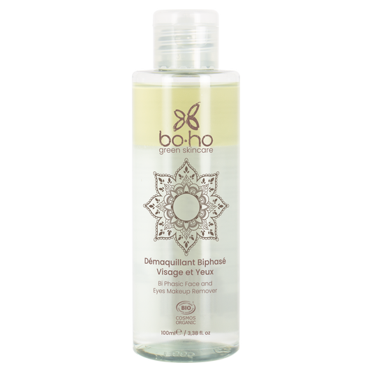 Boho Green Makeup bi-phase facial makeup remover in a 100ml bottle, gentle and effective skincare product for removing makeup.