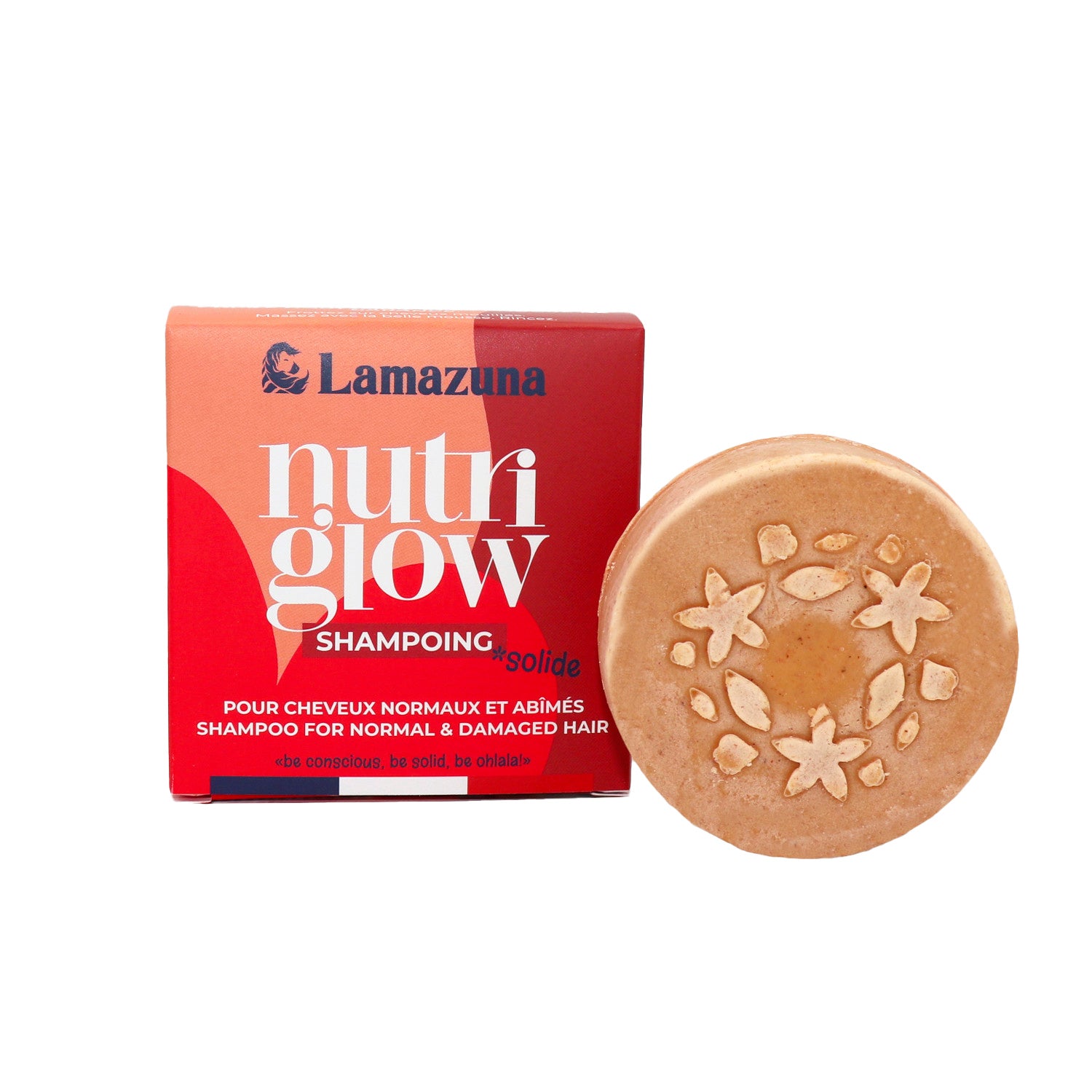 Lamazuna shampoo bar for normal hair, Nutriglow, 70g, natural hair care product with eco-friendly packaging.