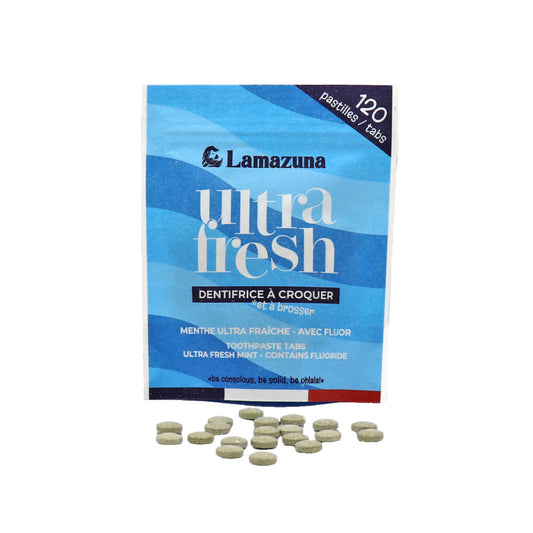 Lamazuna ultra fresh mint toothpaste tabs in a 30g container, showing the eco-friendly packaging and fresh mint flavor.