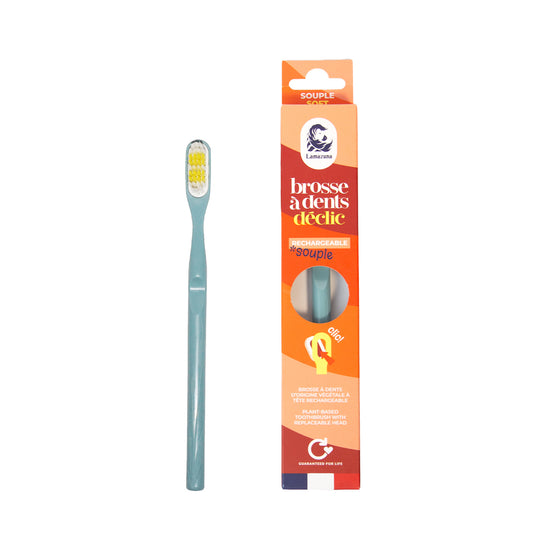Lamazuna soft storm blue toothbrush with natural bristles, eco-friendly design, close-up view of the reusable Tandenborstels.