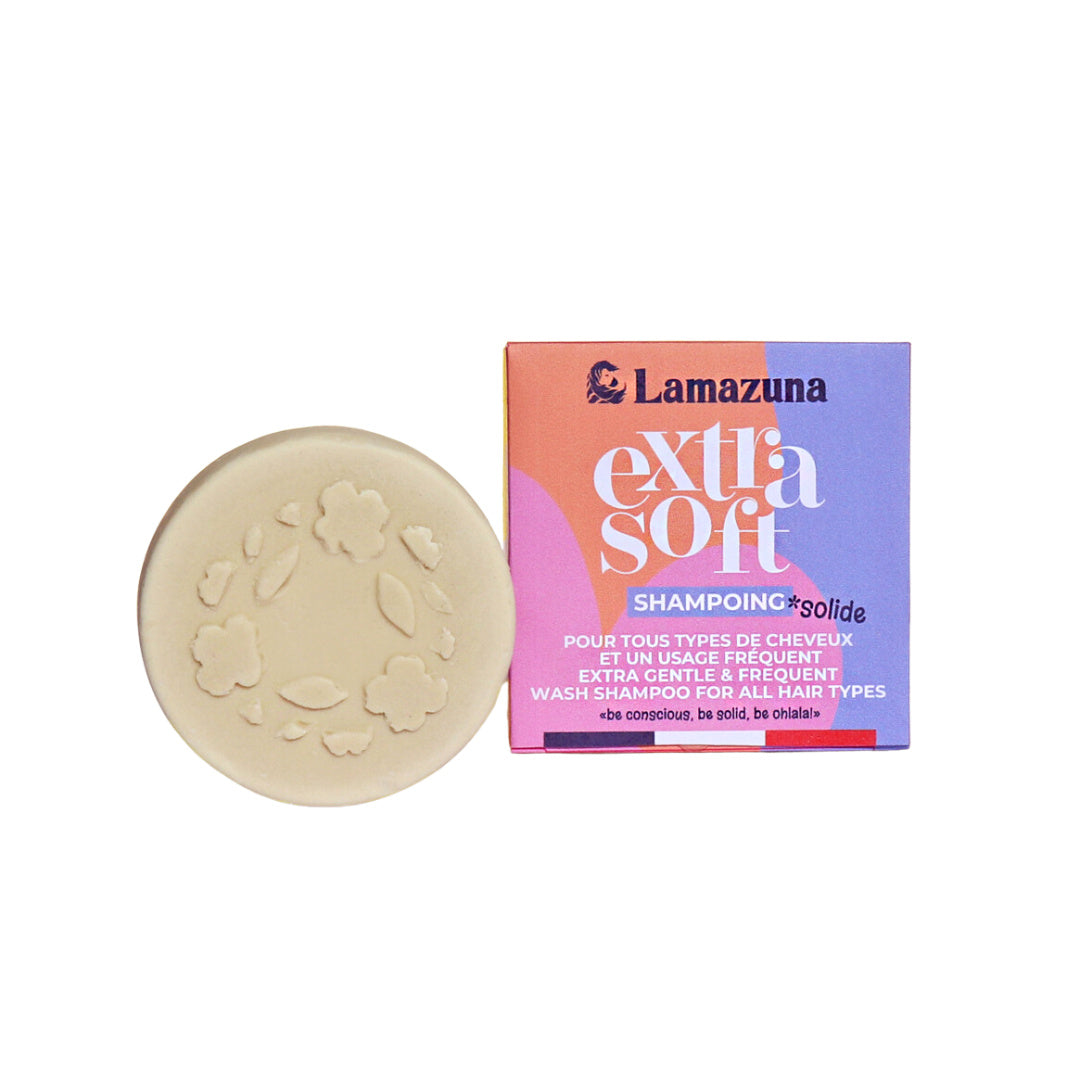 Lamazuna shampoo bar for all hair types, extra soft, 70g, natural hair care product with a rectangular shape and eco-friendly packaging.
