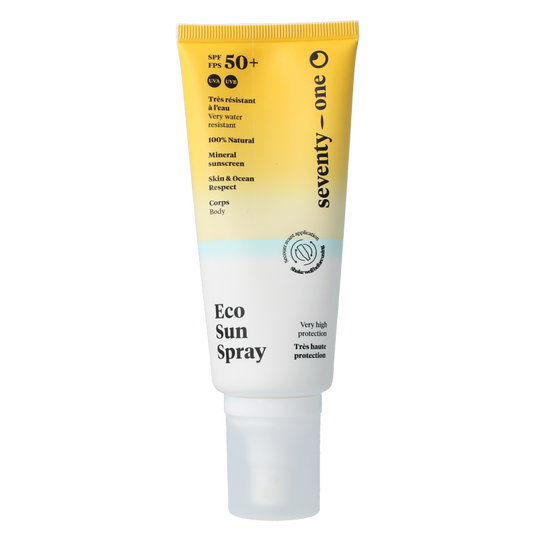 SeventyOne Percent Eco sunspray mineral SPF50 sunscreen bottle, 100ml, for sun protection with mineral ingredients.