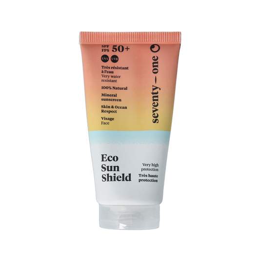 SeventyOne Percent Eco facial sunshield mineral SPF50 sunscreen in a 50ml tube, suitable for face protection from the sun.